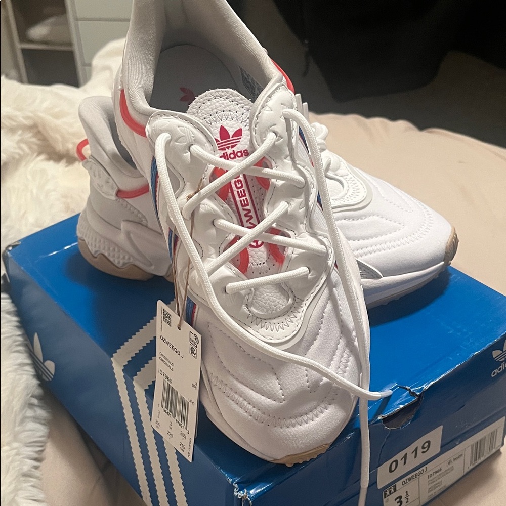 adidas Kids White Sneakers with Red & Blue Trim